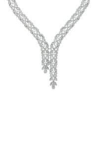 Silver necklace featuring a V-shape design, adorned with alternating round pearls and sparkling gemstones, with delicate leaf motifs and drops.