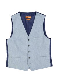 Hellblaues Weste mit texturierter Oberfläche, schlanker Passform, marineblauem Satinfutter, sechs Knöpfen und zwei Fronttaschen.