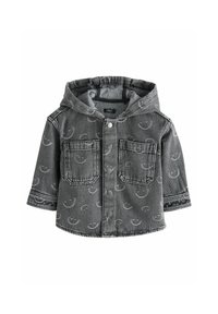 Veste en denim grise avec capuche. Présente des motifs de visages souriants, des boutons-pression et deux poches avant. Manches longues avec poignets.