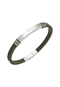 Siliconarmband i olivgrön med en borstad rostfri stålaccent. Har subtila spår och en slimmad, rundad design för komfort.