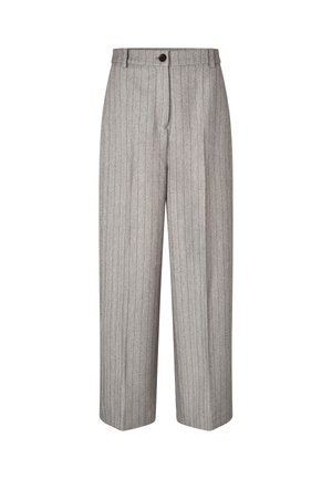 Pantalons gris taille haute avec des rayures verticales, dotés d'une fermeture à bouton, de jambes larges et d'une texture lisse.