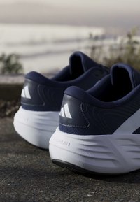 Pair of navy and white running shoes placed outdoors on pavement with blurred background of plants and water.
