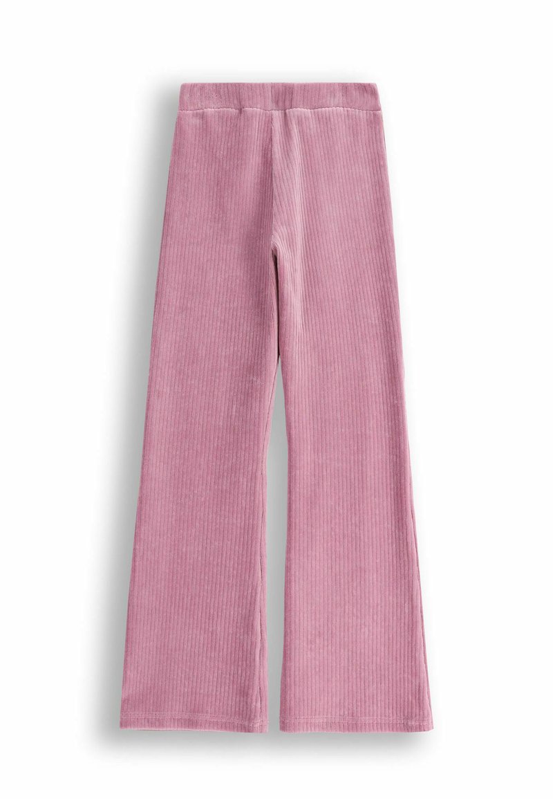 Różowe dżinsowe spodnie na spód, z pionowym prążkowanym wzorem. Posiadają elastyczny pas oraz proste nogawki, co pozwala na wszechstronne stylizacje.