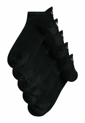 Set of five black ankle socks with small white and pink logos near the cuff, arranged overlapping on a white background.