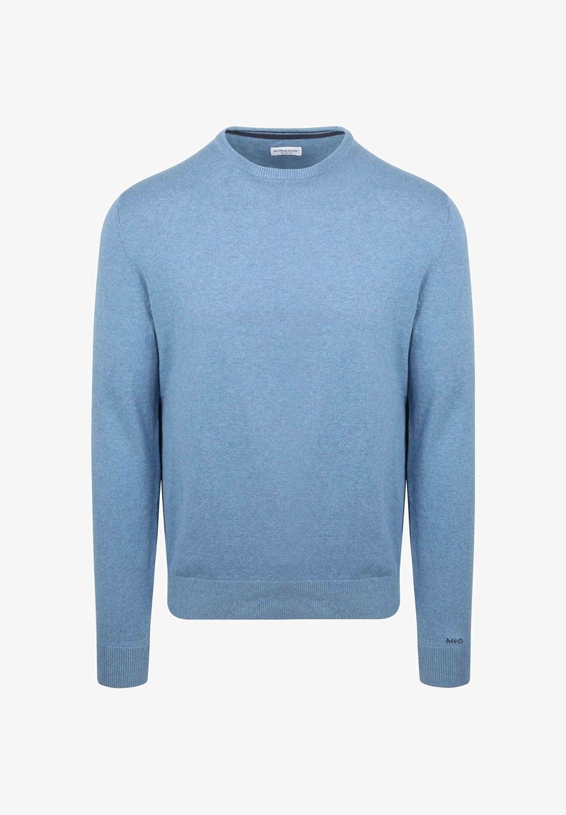 Hellblauer Pullover mit Rundhalsausschnitt, langen Ärmeln, gerippten Bündchen und Saum sowie kleinem "McG"-Logo an der linken Ärmelbündchen.