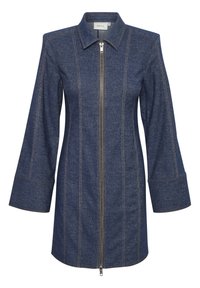 Jeansjacka i mörkblått med långa, klockformade ärmar, en krage och en dragkedja framtill. Har kontrasterande sömmar och en figursydd passform.