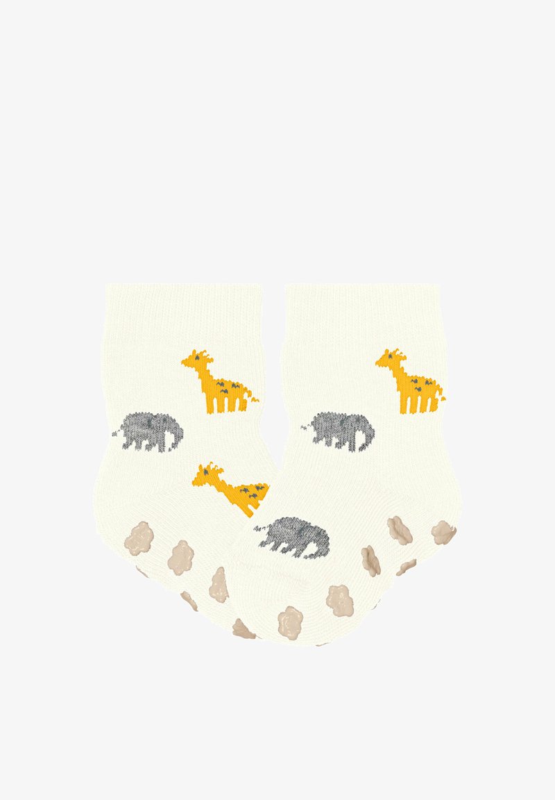 Chaussettes pour bébé couleur crème avec motifs girafe jaune et éléphant gris, et semelles antidérapantes beiges.