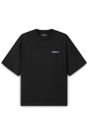 Black cotton t-shirt with short sleeves and a round neckline. Features "FAVELA" logo in purple on the left chest area. Simple design.