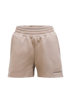 Beige svedshorts med ribbet elastisk talje, to sidelommer og minimal syning. Broderet 'PeakPerformance'-logo på højre side.