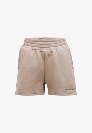 Beige svedshorts med ribbet elastisk talje, to sidelommer og minimal syning. Broderet 'PeakPerformance'-logo på højre side.