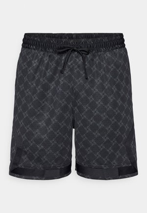 Black swim shorts with an elastic waistband, adjustable drawstring, and a subtle geometric pattern across the fabric.