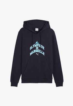 Sudadera con capucha azul marino hecha de mezcla de algodón, con un bolsillo tipo canguro al frente, puños acanalados y un gráfico en azul claro que dice "OLYMPIQUE DE MARSEILLE."