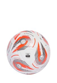 FIFA match ball replica featuring a white surface with red and gray dynamic patterns, textured for grip, and marked with quality certification.