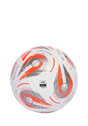 FIFA match ball replica featuring a white surface with red and gray dynamic patterns, textured for grip, and marked with quality certification.