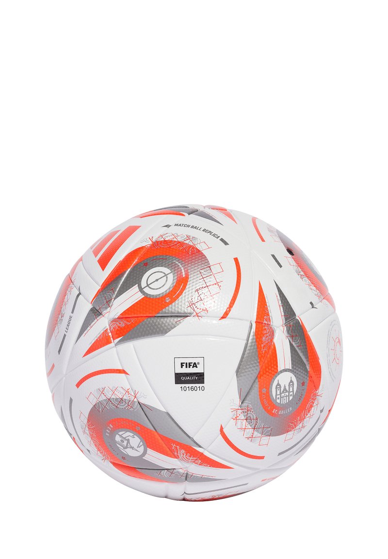 FIFA match ball replica featuring a white surface with red and gray dynamic patterns, textured for grip, and marked with quality certification.