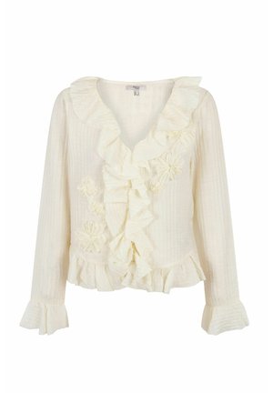Witte lange mouw blouse met een V-hals, gerimpelde halslijn, versieringen aan de voorkant en een uitlopende zoom. Gestructureerde stof met verticale strepen.