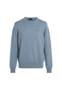 Felpa azzurro chiaro con scollo rotondo, realizzata in tessuto morbido. Presenta polsini e orlo a costine, con un piccolo logo sul petto come dettaglio.