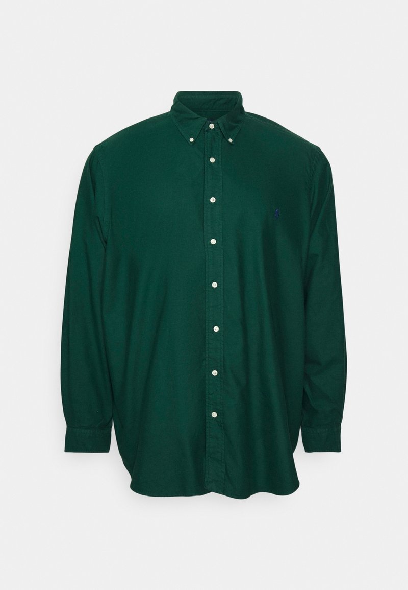 Mörkgrön skjorta med knappar i bomull, med långa ärmar, klassisk krage och en liten logotyp på bröstet.