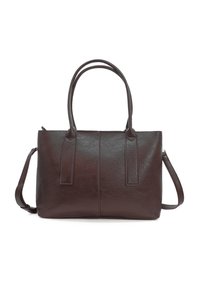 Borsa tote in pelle marrone con due manici superiori e una tracolla removibile. Presenta una superficie testurizzata e linee pulite per un design minimalista.