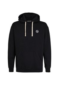 Sweatshirt noir en coton, avec une poche kangourou à l'avant, des cordons de serrage en écru et un écusson rond sur la poitrine.