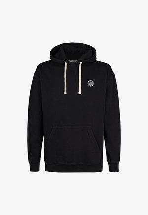 Zwarte hoodie van katoen, met een voorzak in kangoeroestijl, off-white trekkoorden en een ronde logopatch op de borst.