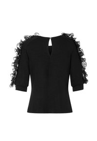 Schwarzes Oberteil mit kurzen Ärmeln, verziert mit durchsichtigen Rüschenelementen, einem Schlüssel-Ausschnitt im Rücken und einer entspannten Silhouette. Aus weichem Material gefertigt.