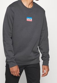 Sudadera gris oscuro de material suave, con un logo rectangular de Levi's en azul y rosa en el pecho. Manga larga, escote redondo.