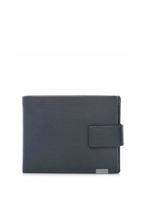 Czarny dwudzielny portfel skórzany z fakturowaną powierzchnią i klapką zapinaną na zatrzask na białym tle.