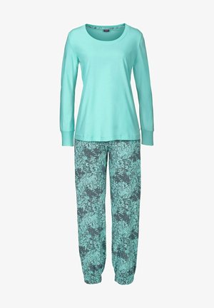 Helles Türkis langärmliges Oberteil mit runder Ausschnitt kombiniert mit gemusterten grau-blauen Schlafanzughosen mit floralem Design.