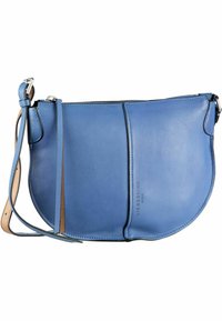 Borsa a tracolla in pelle blu con una silhouette curvata, dotata di chiusura con zip, tracolla regolabile e dettaglio del logo impresso.