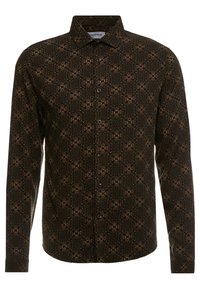 Camicia a maniche lunghe in tessuto nero con un intricato motivo floreale marrone. Presenta una chiusura con bottoni e un design colletto classico.