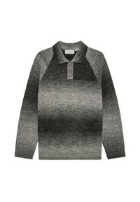 Pulover gri tricotat cu un design în degradé, având o guler închis și trei butoane maro în față. Mâneci lungi, țesătură texturată.