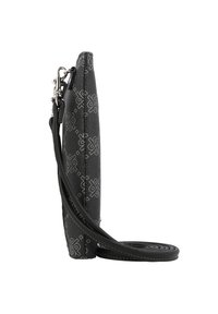 Slim black crossbody bag made of textured material. Features a logo pattern, leather strap, and silver hardware. Vertical, rectangular shape.