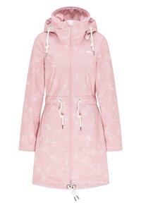 Rosa vattentät jacka med blommönster, justerbar huva, dragsko i midjan och två sidofickor. Slät textur och medellång design.