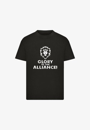 Black cotton t-shirt with short sleeves featuring a white lion graphic and the text "GLORY TO THE ALLIANCE!" in a bold, stylized font.