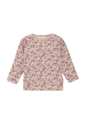 Langærmet ribbet babybluse med pink og støvet violet blomsterprint på lys beige baggrund.
