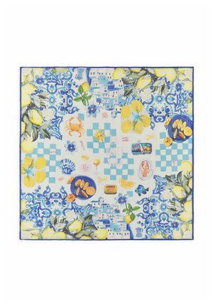 Square scarf with lemon branches, blue tile patterns, seafood illustrations, coastal buildings, and checkered blue and white motifs.