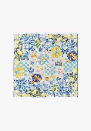 Vierkante sjaal met citroentakken, blauwe tegelpatronen, illustraties van zeevruchten, kustgebouwen en geruite blauw-witte motieven.