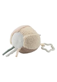 Round plush toy made of soft fabric in beige, gray, and green shades. Features textured sections, a polka dot pattern, and a star-shaped link.