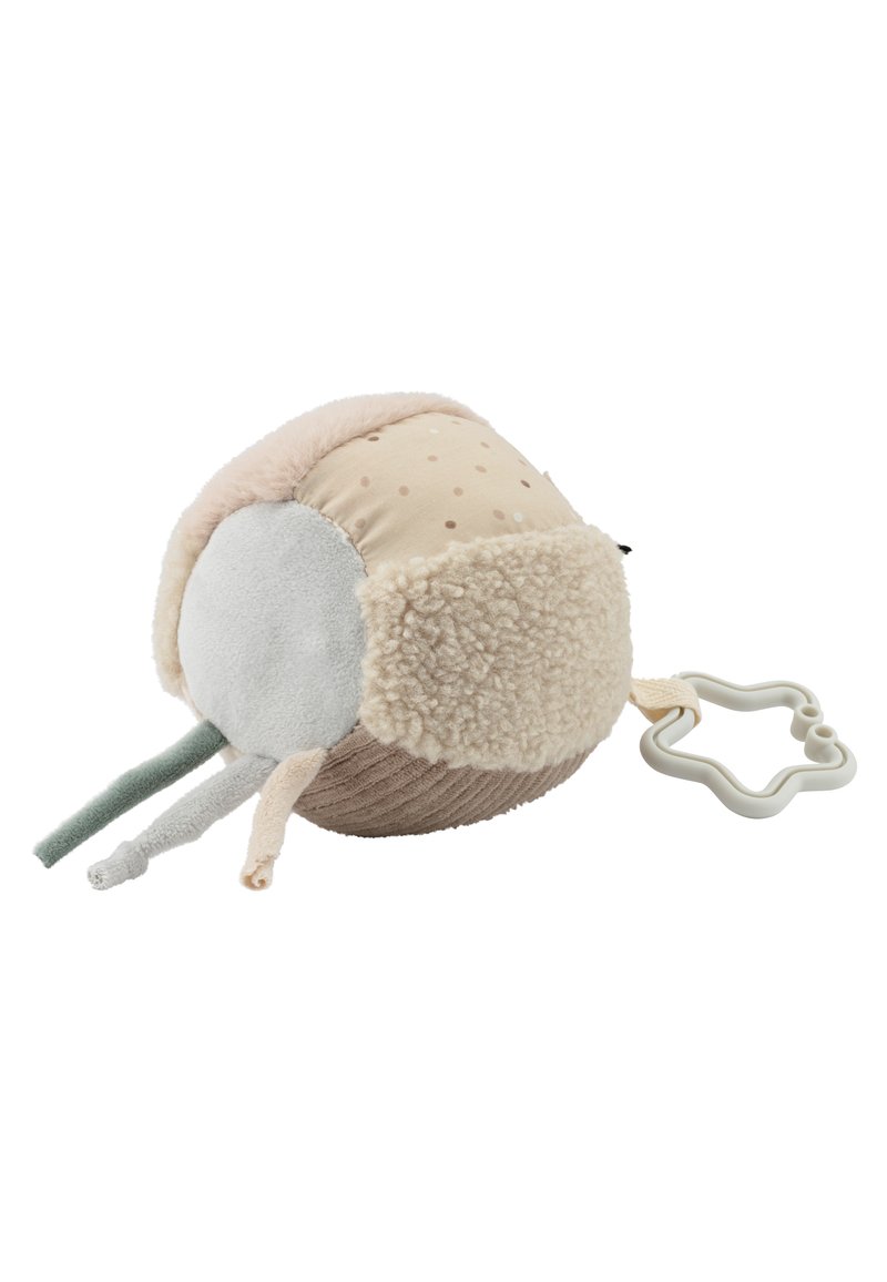 Round plush toy made of soft fabric in beige, gray, and green shades. Features textured sections, a polka dot pattern, and a star-shaped link.