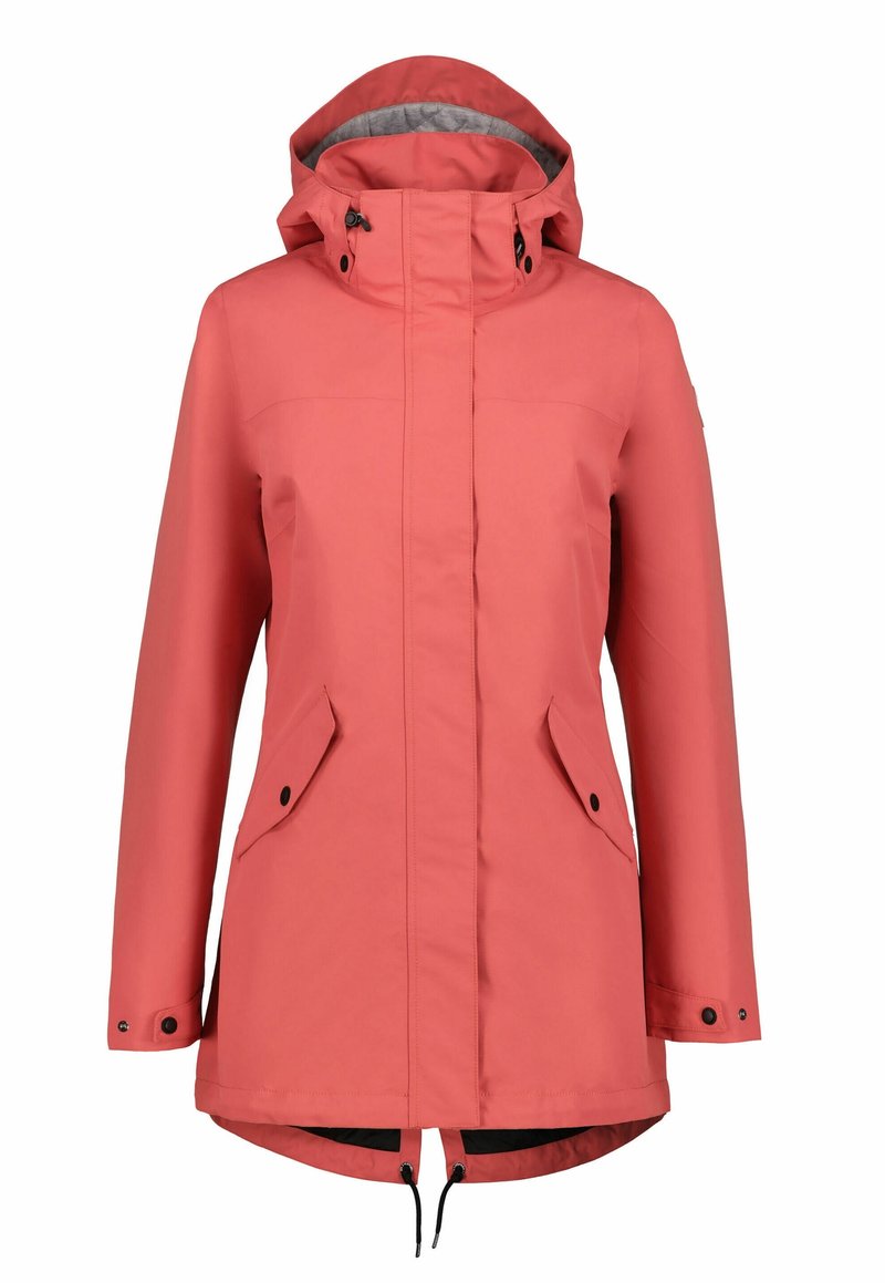 Veste imperméable à capuche pour femme couleur corail rose, avec poches avant, poignets ajustables et cordon de serrage à la taille.
