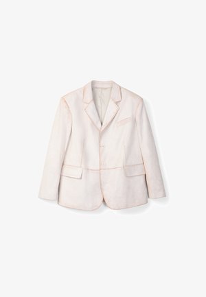 Blazer in velluto rosa chiaro con colletto a punta, design a una sola fila di bottoni, due tasche frontali e dettagli di cucitura in contrasto.