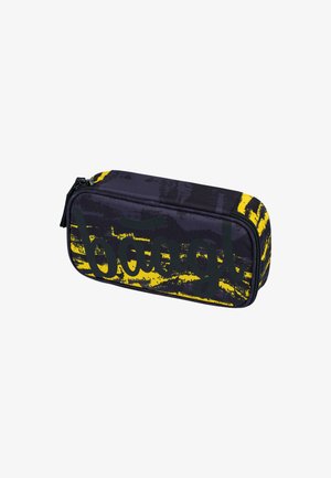 Black and yellow pencil case with abstract design, zipper closure, and prominent black text "baagl" on the side. Textured fabric surface.