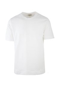 T-shirt bianco a maniche corte in cotone, con colletto rotondo e orlo dritto. Texture liscia, design minimalista, senza modelli o accenti visibili.