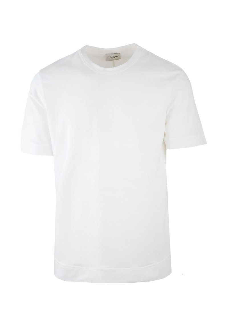 T-shirt bianco a maniche corte in cotone, con colletto rotondo e orlo dritto. Texture liscia, design minimalista, senza modelli o accenti visibili.