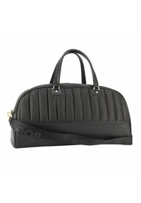 Borsa nera imbottita con una forma curva, dotata di due manici superiori e una tracolla staccabile. Include dettagli in metallo dorato.