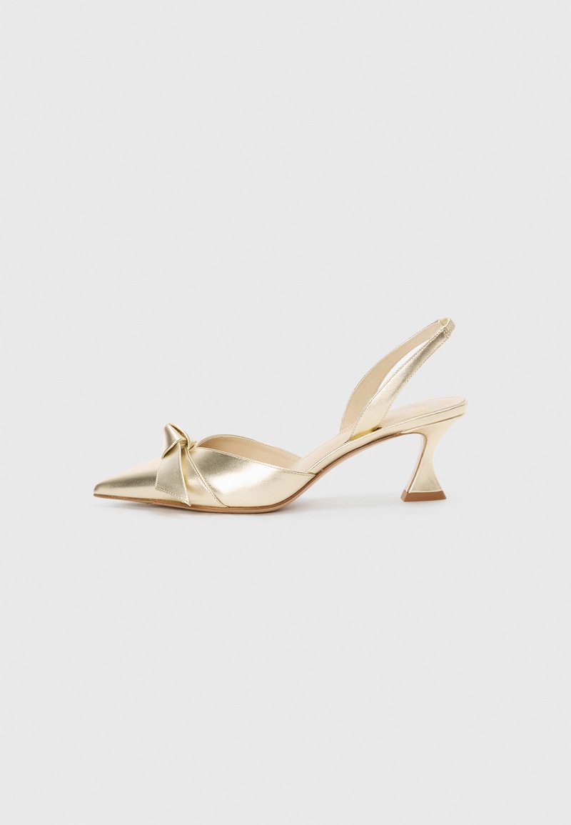 Gold metallic slingback shoe with a pointed toe, featuring a bow detail on the front and a unique triangular heel.