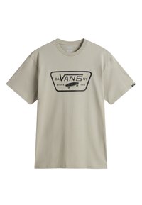 Camiseta de algodón beige de manga corta, con un logo gráfico negro en el frente que incluye una patineta y el texto: "CA VANS NY DESDE 1966."