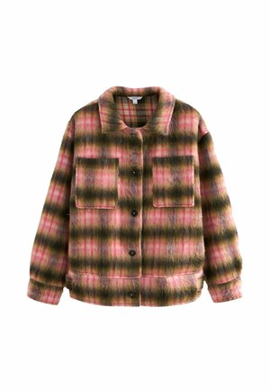 Veste en fausse fourrure avec un motif à carreaux dans les tons rose, vert et marron. Présente un col, des boutons sur le devant et deux poches poitrine. Texture douce.