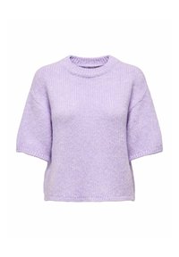 Maglione lilac lavorato a maglia con scollatura a girocollo, maniche corte e vestibilità ampia. Il filato testurizzato dona un aspetto morbido.